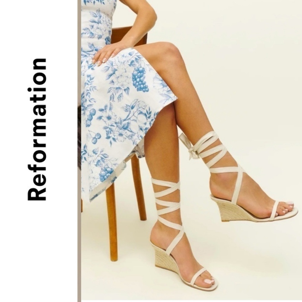 Reformation Cream Espadrille Wedge Sandals with Ankle Wrap